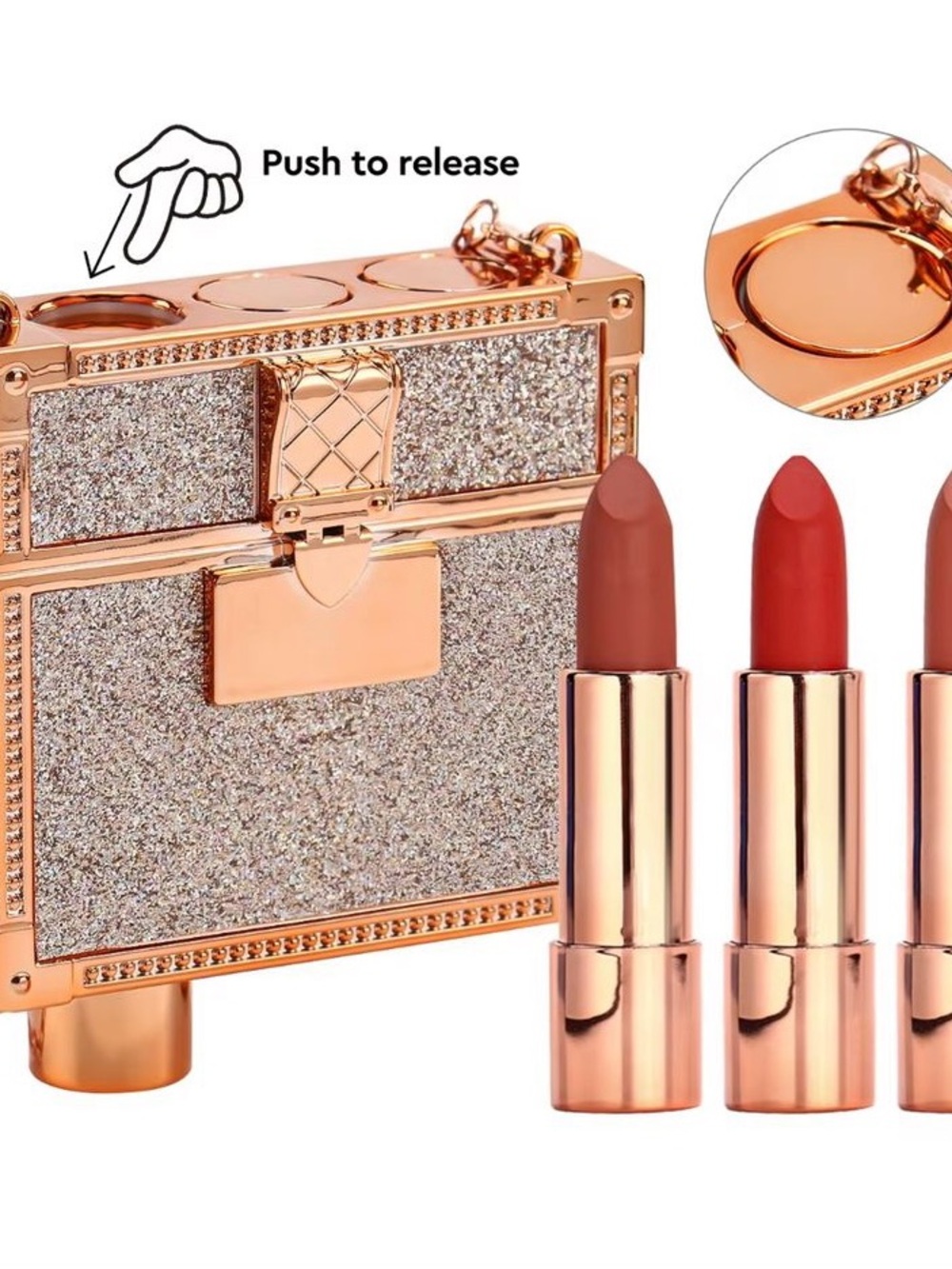 Rose Gold Glitter Lipstick Set - 3-Piece Nude & Red Shades